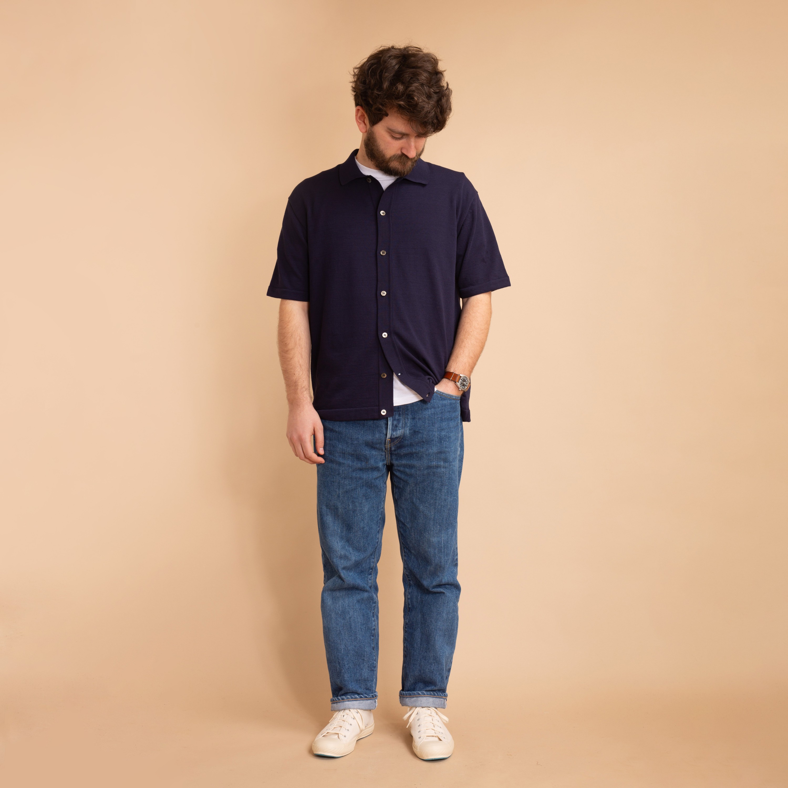 MOONCASTLE / Ice Cotton Open-Collar Shirt Navy