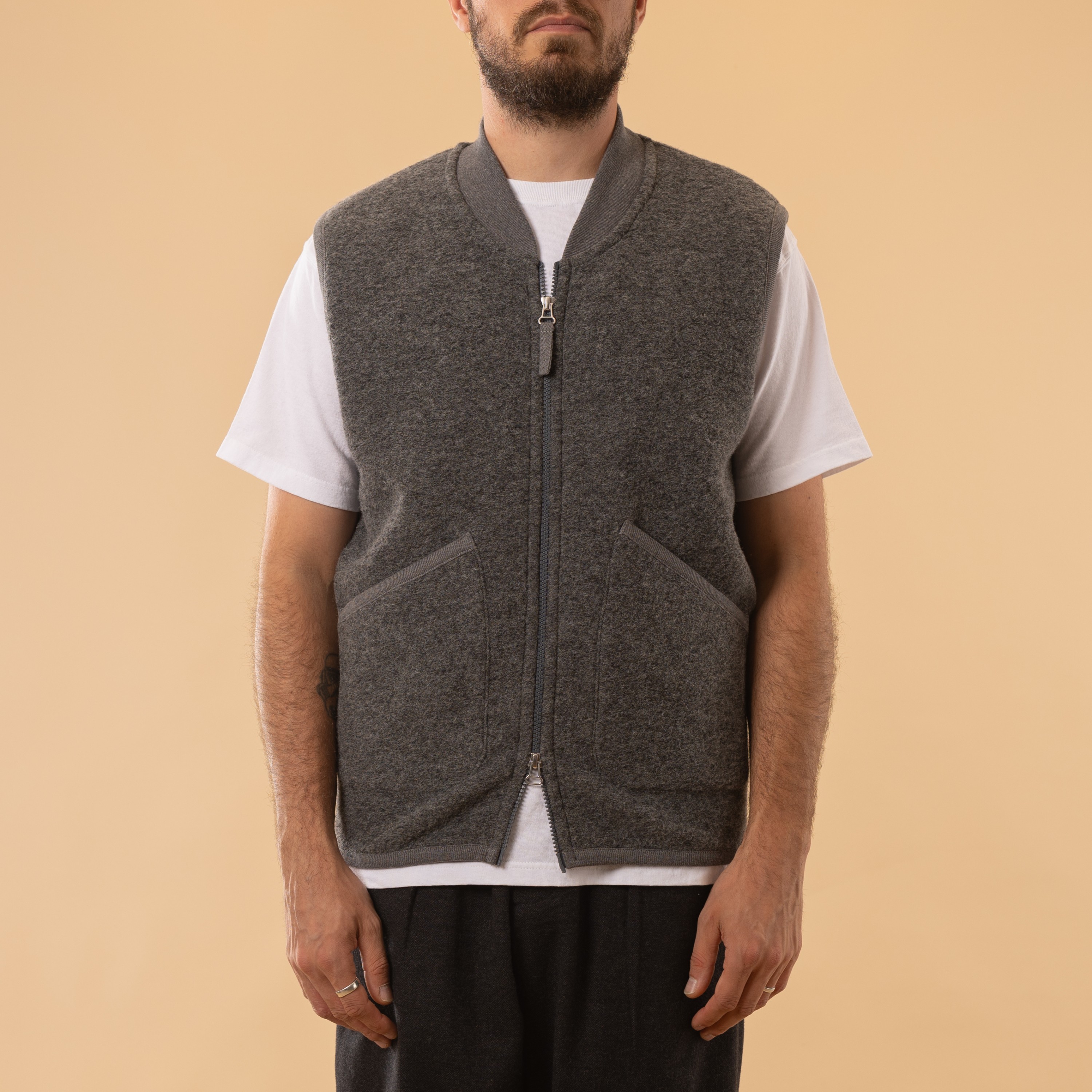 UNIVERSAL WORKS Wool Fleece Zip Waistcoat in Grey Marl