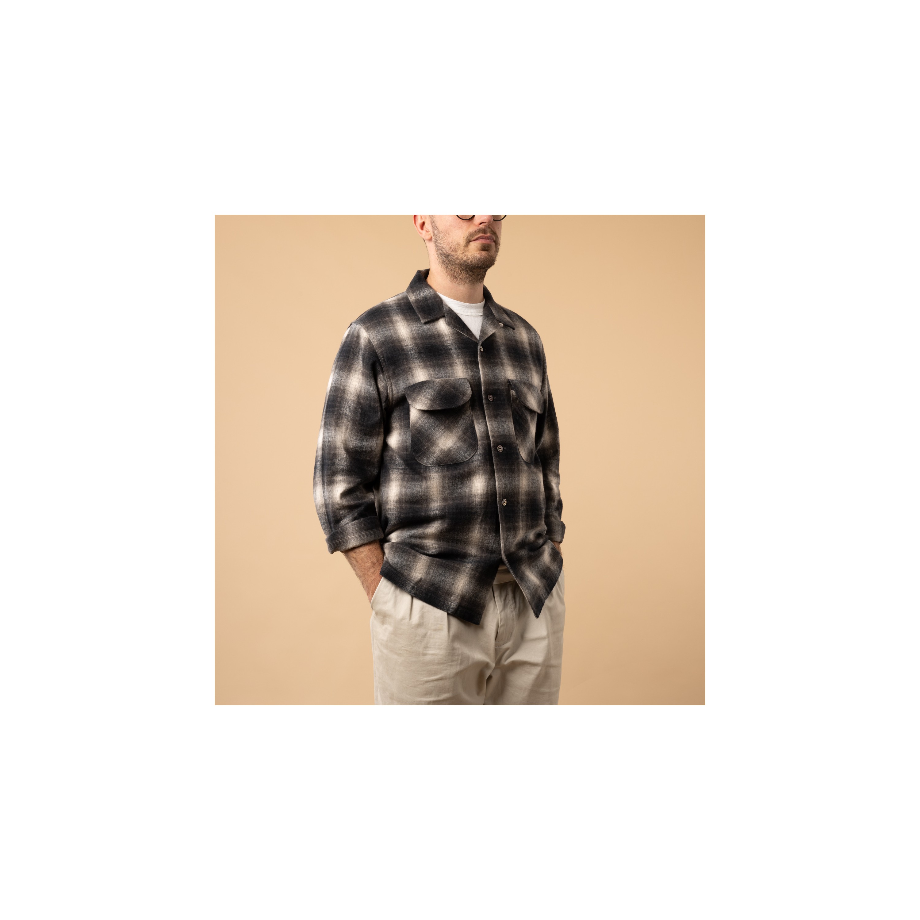 FOB FACTORY / F3505 Nel Open Collar Shirt Black