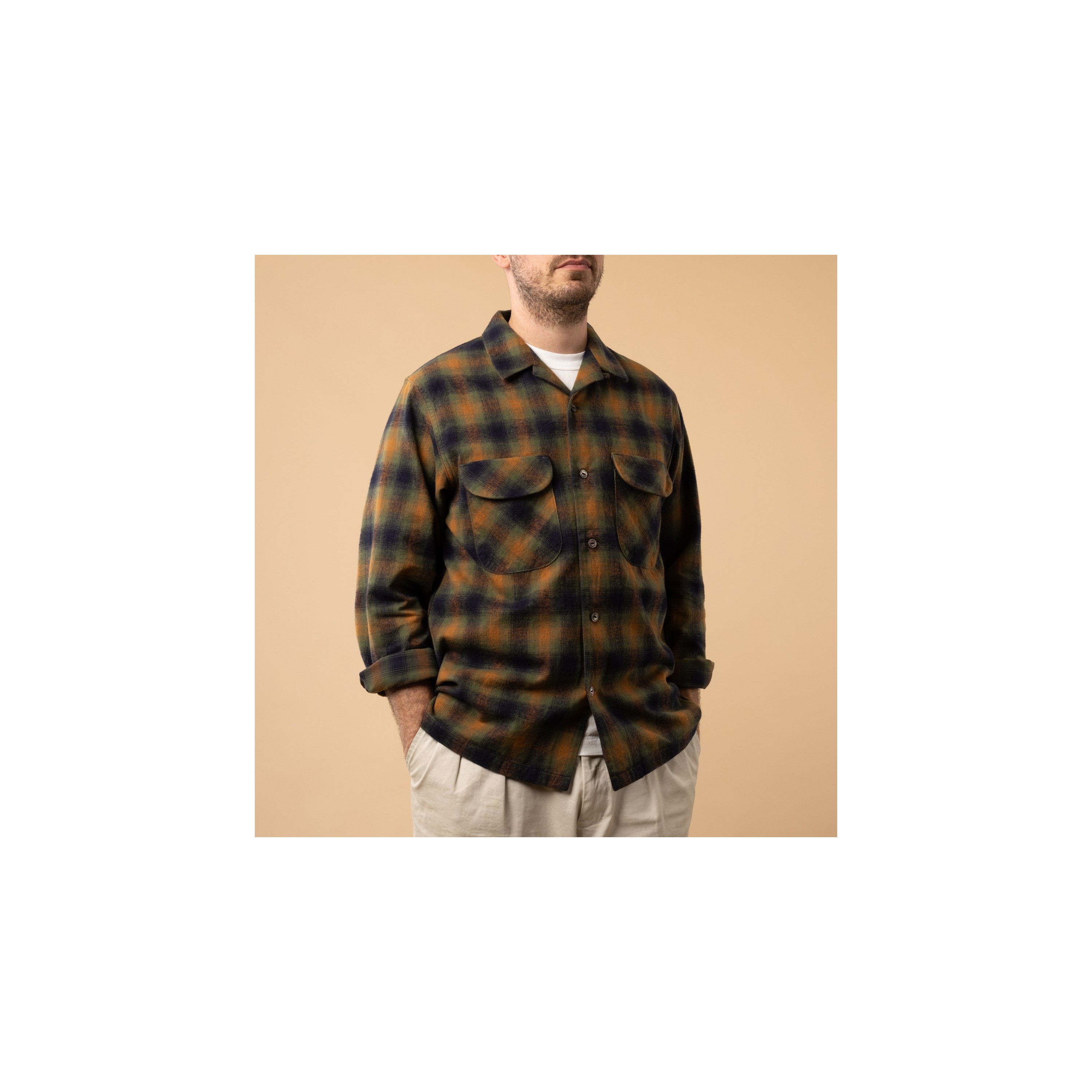 FOB FACTORY / F3505 Nel Open Collar Shirt Green