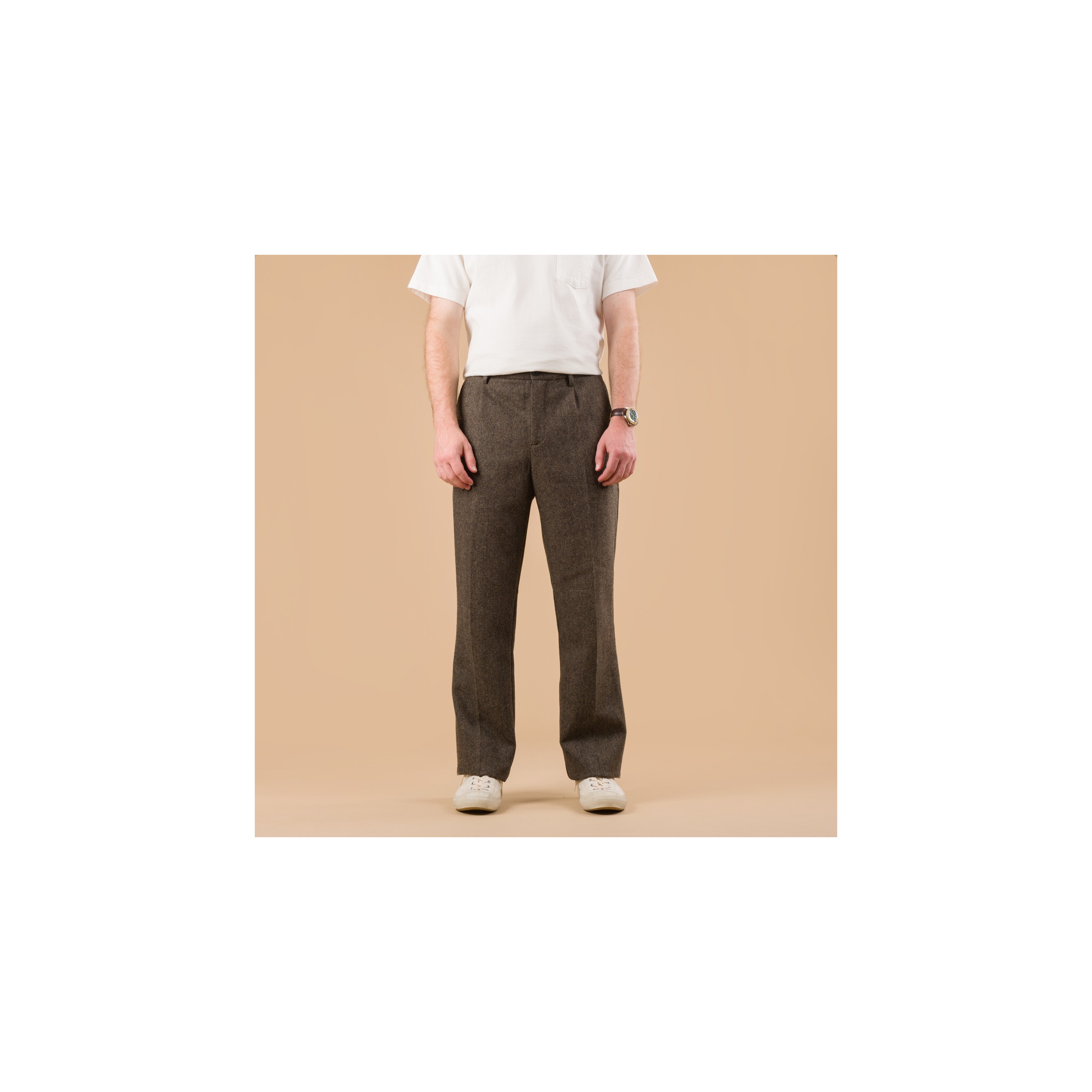 PORTUGUESE FLANNEL / Single Pleat Wool Trousers Herringbone Brown