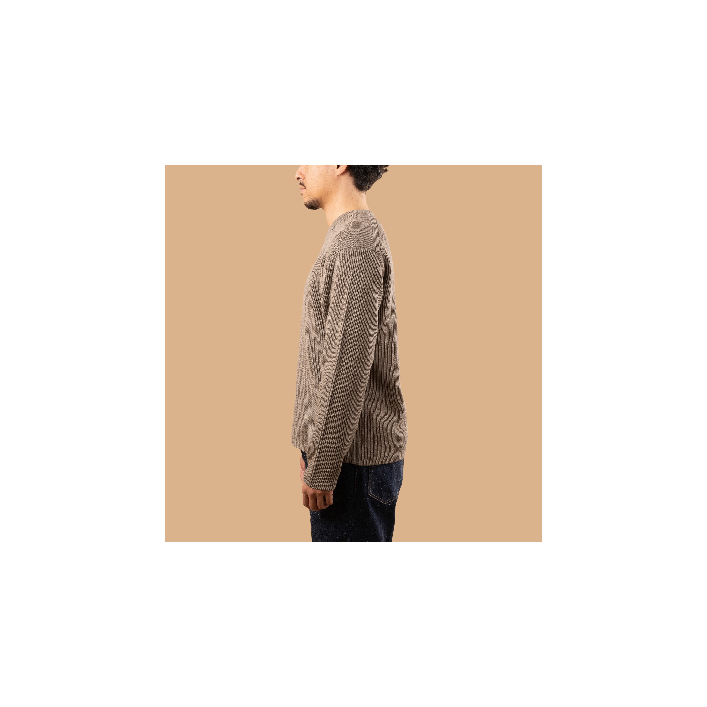 BATONER / Solid Wool Rib Crew Neck Melange Brown