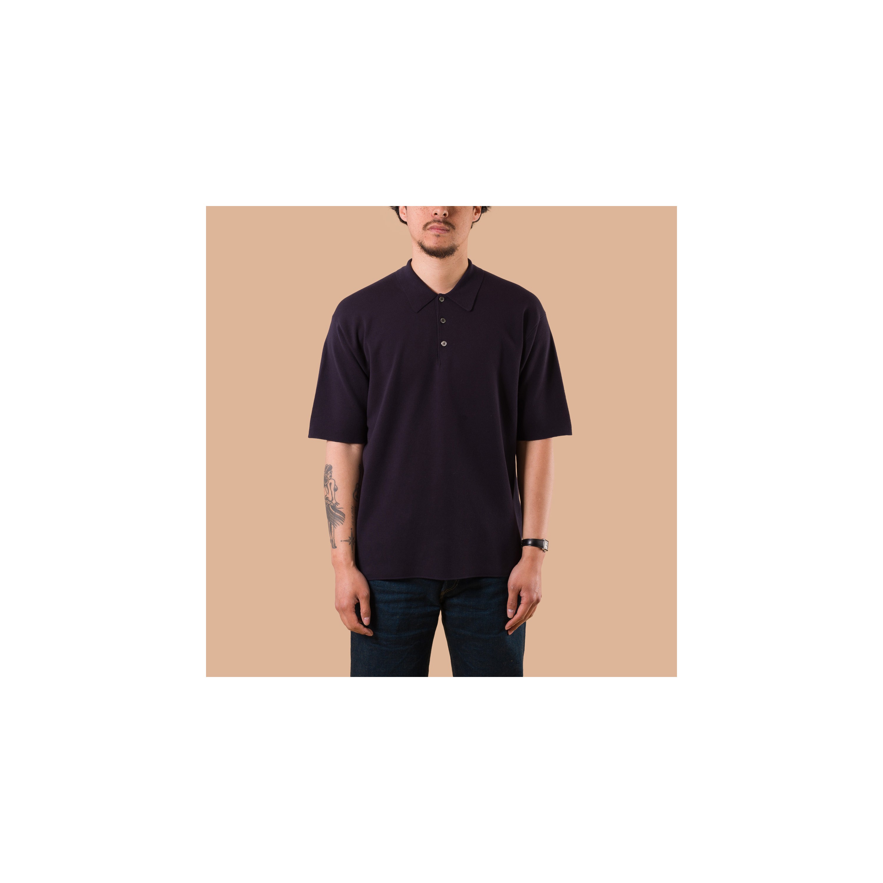 BATONER / 32G Smooth Knit Short Sleeve Polo Navy