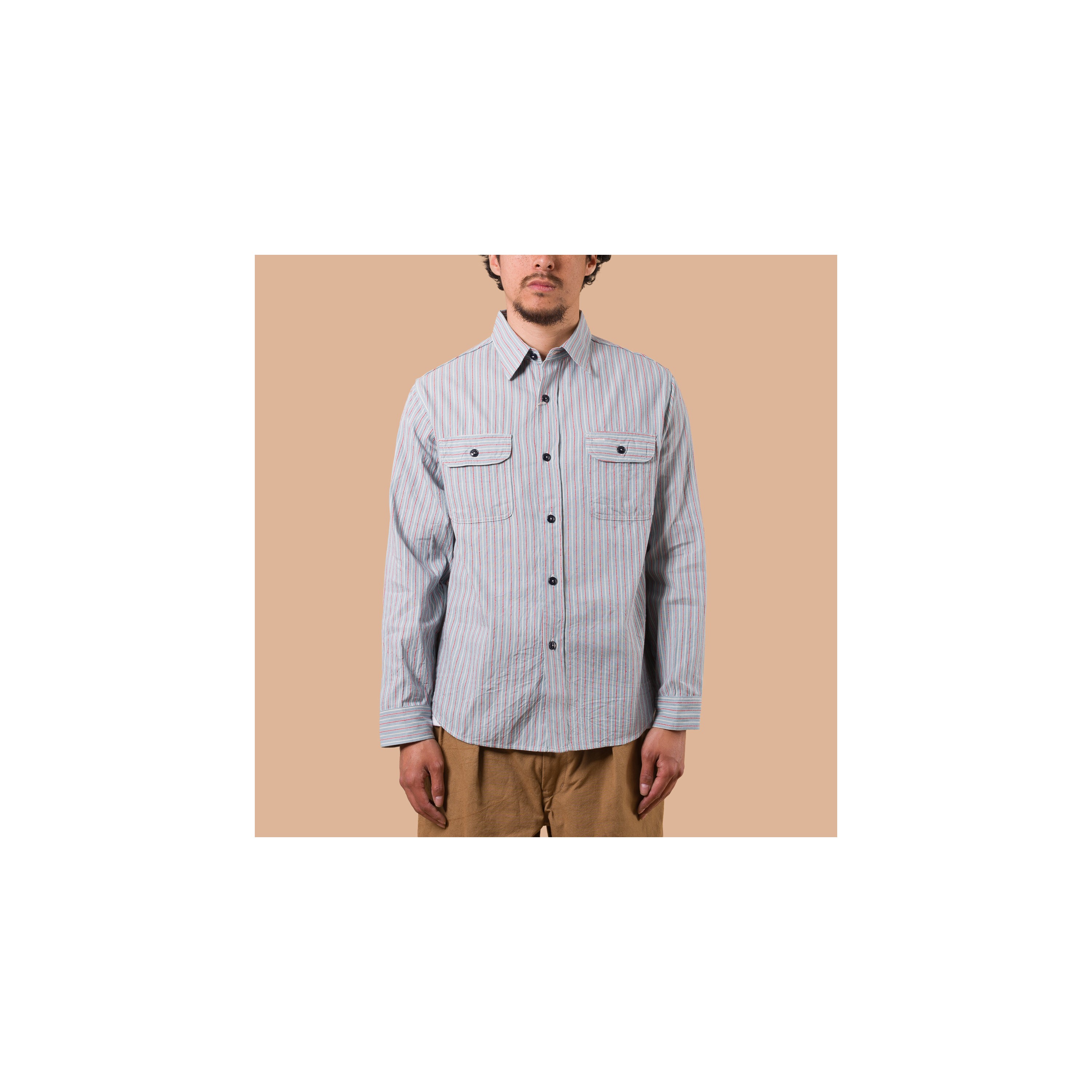 SUGAR CANE / Long Sleeve Dobby Stripe Work Shirt Blue