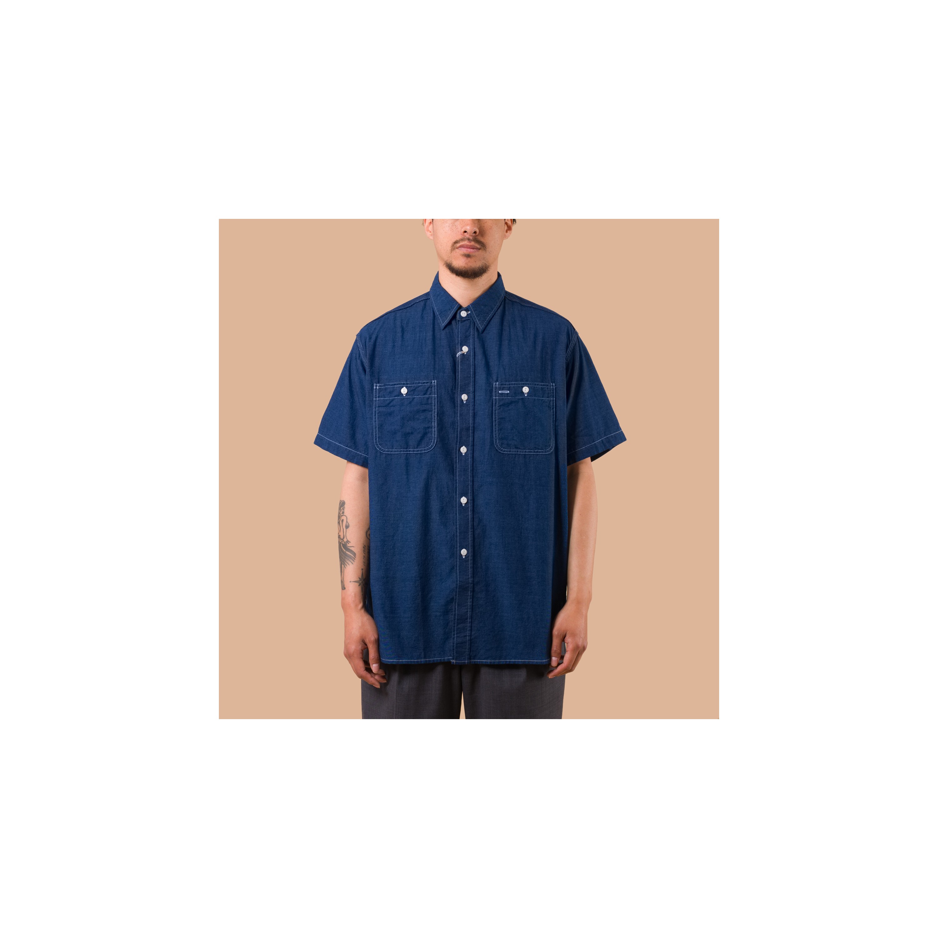 BEAMS PLUS / Short Sleeve Workshirt Plain Indigo Chambray